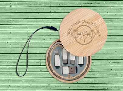 Custom imprinted Bamboo Charging Cable Kit for Baton Rouge, LA with a local business logo
